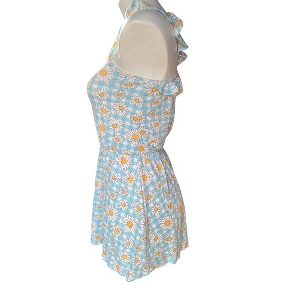 Shosho Romper Womens Size 10 Blue & White Daisy Checkered Ruffled Straps - Picture 3 of 7